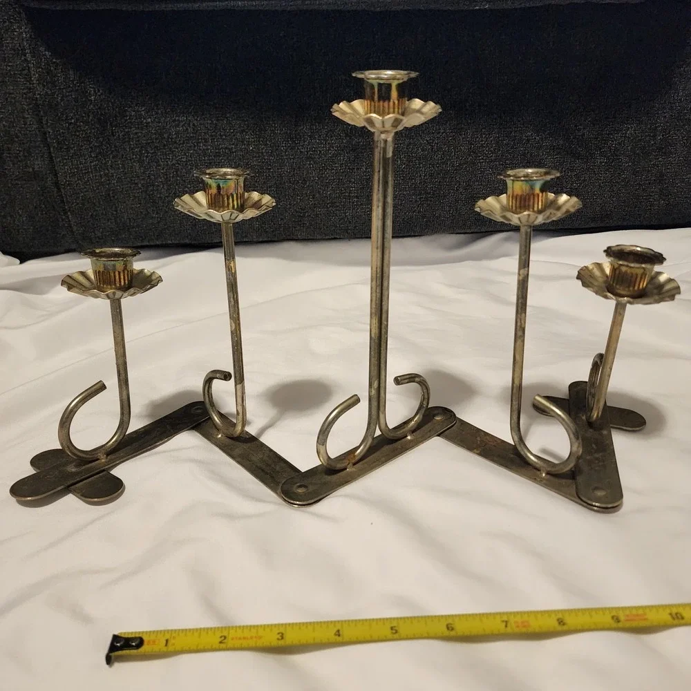 Vintage Jointed Folding Brass Alloy 5 Candle‎ Candelabra Candlesticks Ruffled